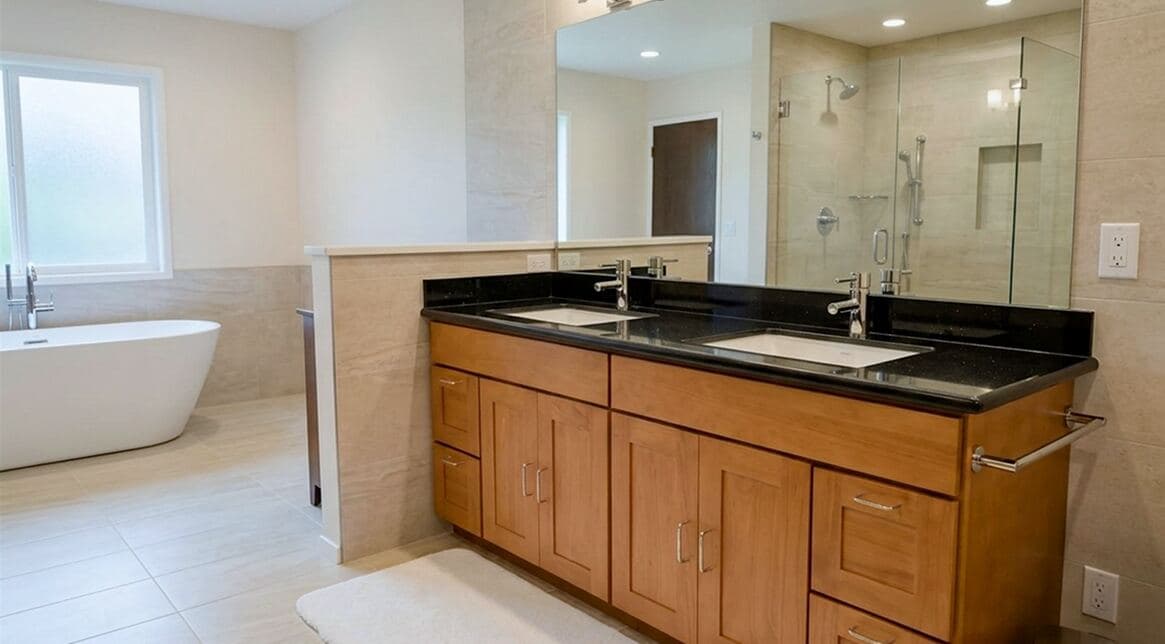 Bathroom remodel with double sink vanity, stone tile shower, built-in cabinetry, and natural stone finishes