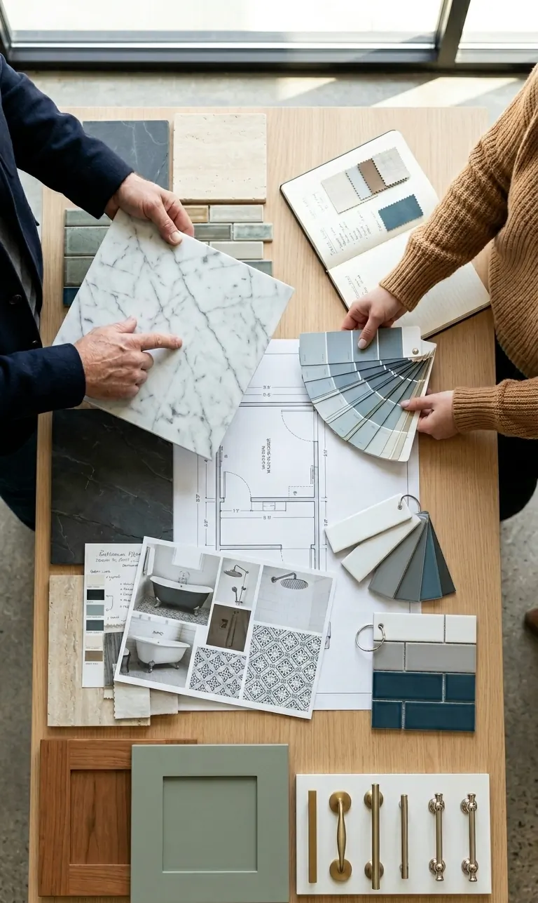 Two people selecting bathroom remodeling materials at The Wall Doctor showroom in Bellevue, including marble slab, paint swatches, tile samples, and cabinet hardware