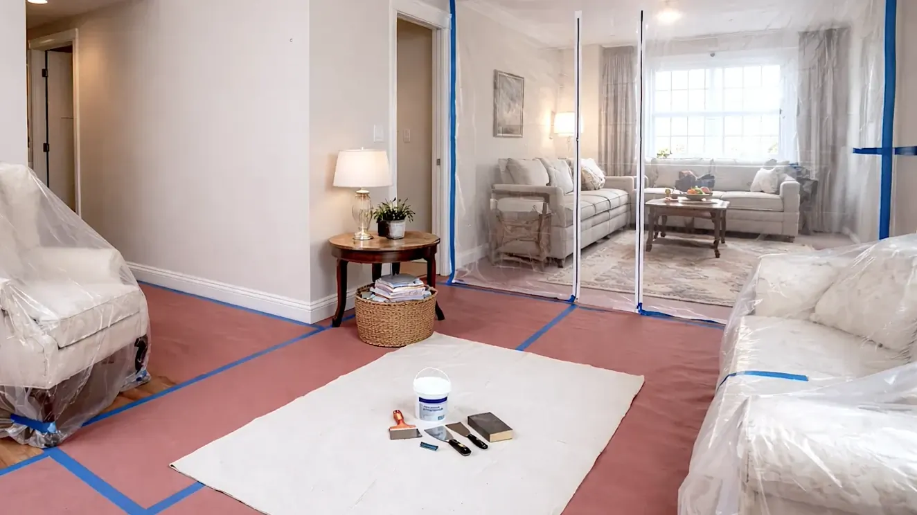 Interior drywall repair work in a Bellevue home with surrounding finishes protected during the repair