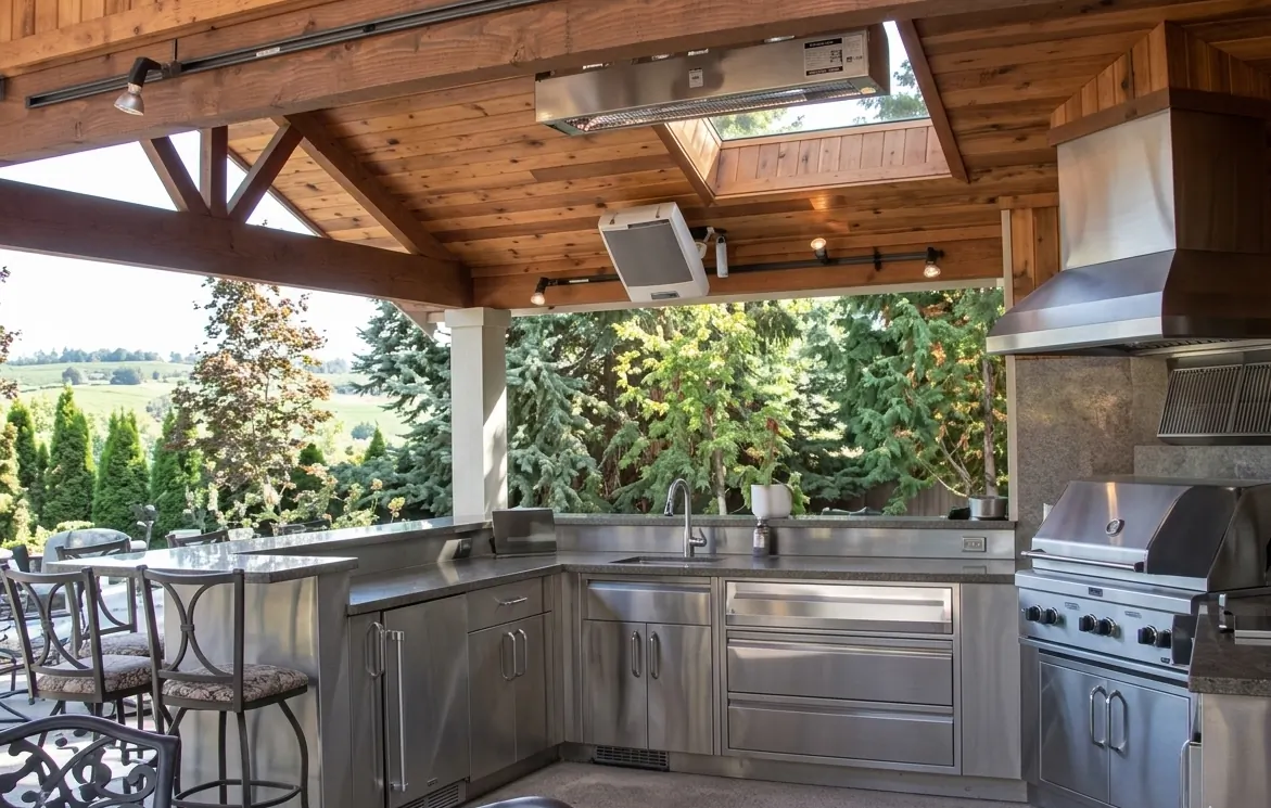 Covered outdoor kitchen as part of a home remodeling project, featuring stainless steel appliances, wood beam ceiling, skylight, stone countertops, and backyard views.