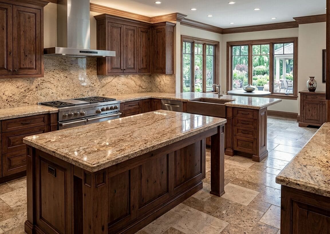 Custom kitchen with dark wood cabinets, stone countertops, range hood, and large island