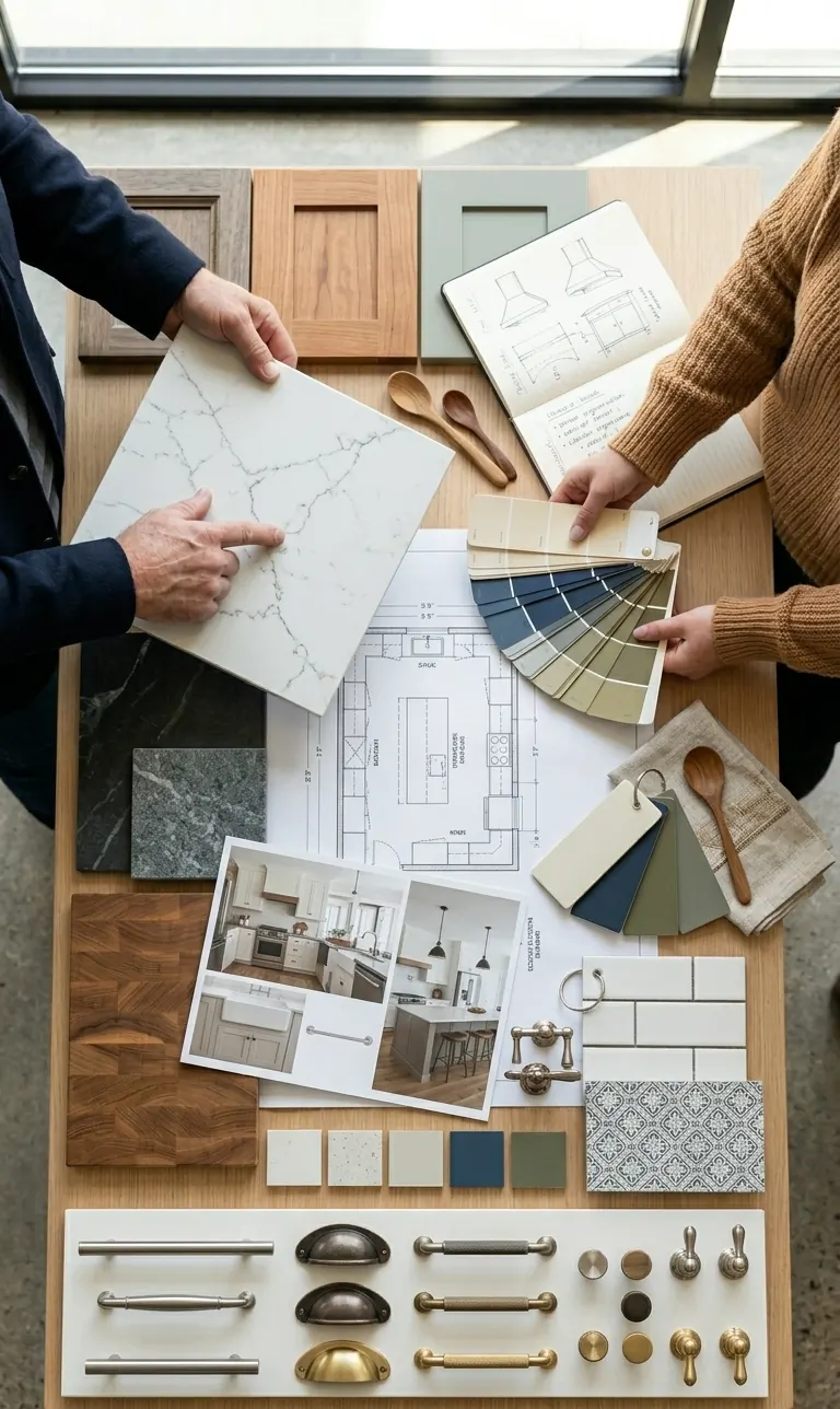 Two people selecting kitchen remodeling materials at The Wall Doctor showroom in Bellevue.