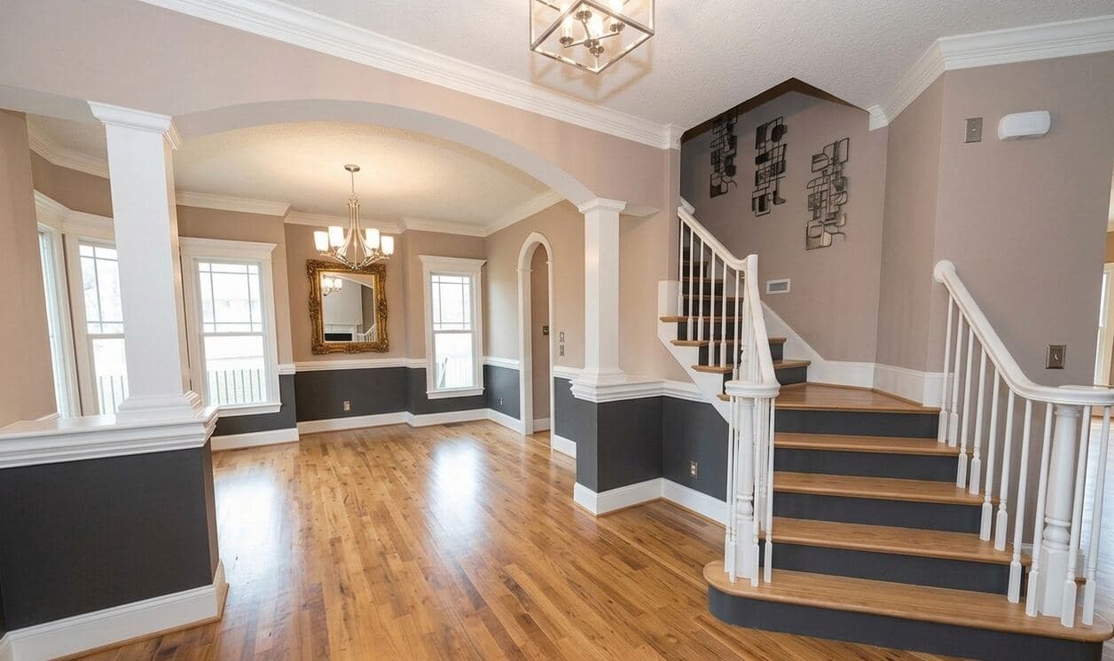 Entry and staircase repaint with two-tone walls, white trim, columns, and hardwood floors