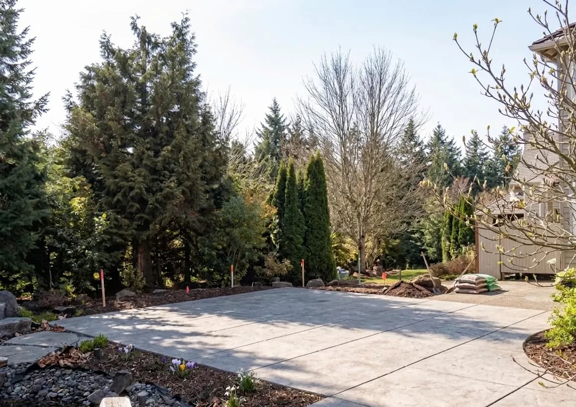 Before photo of an open concrete patio area beside the house before the outdoor living remodel