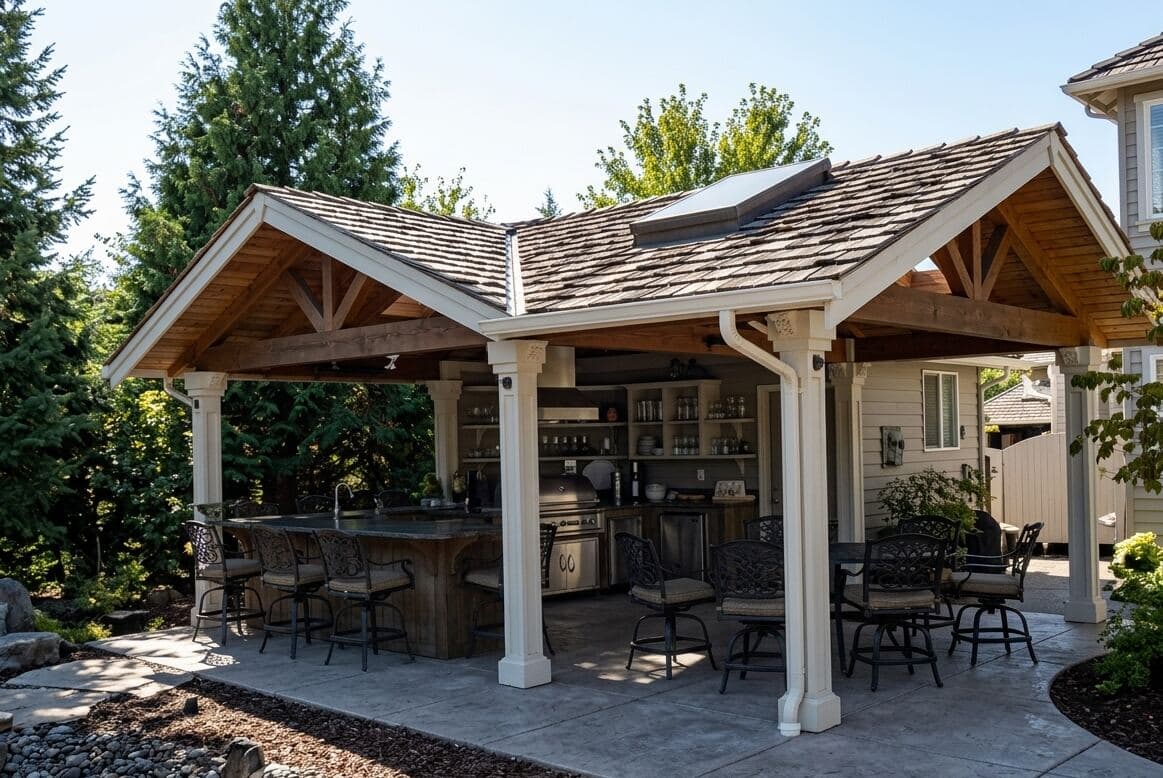 Covered outdoor kitchen pavilion with bar seating, dining area, and wood ceiling details