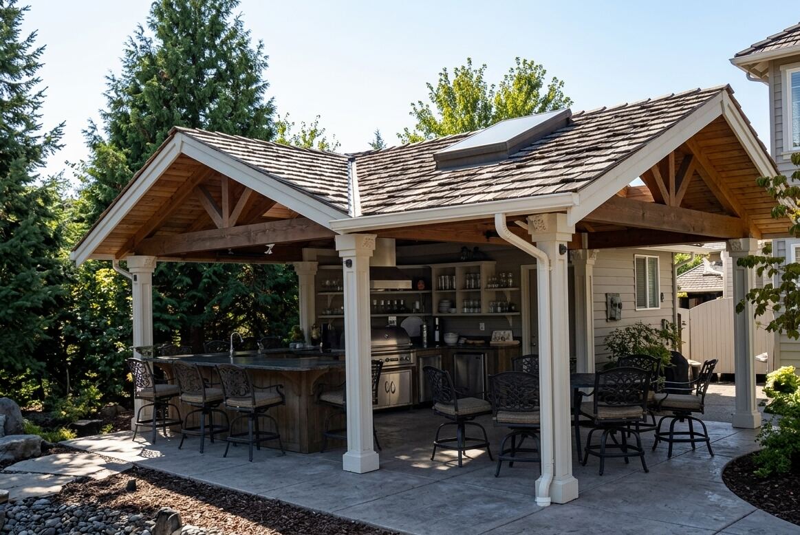 Covered outdoor kitchen pavilion with bar seating, dining area, and wood ceiling details