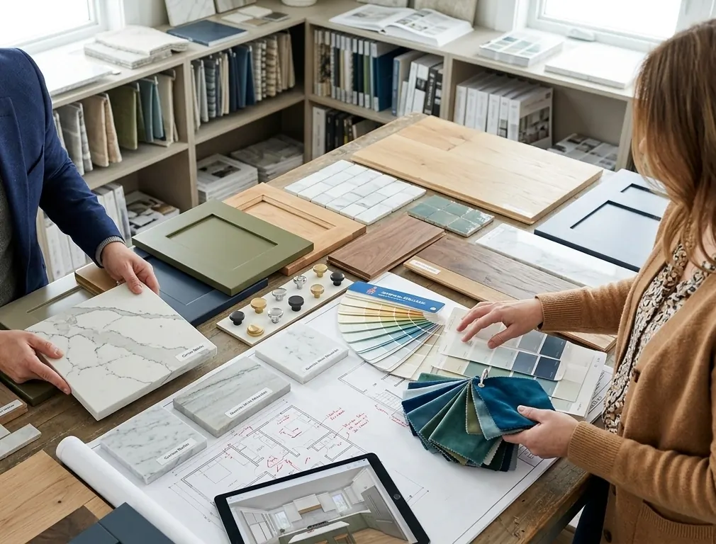 Home remodeling process in Bellevue with material selections, plans, and project coordination underway