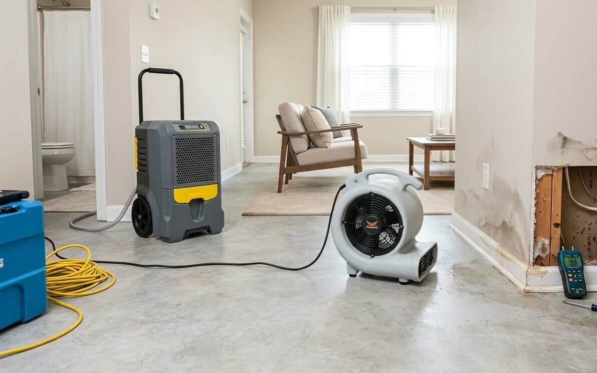 Water damage restoration work in a Bellevue home after the leak is fixed and the area is ready for repair